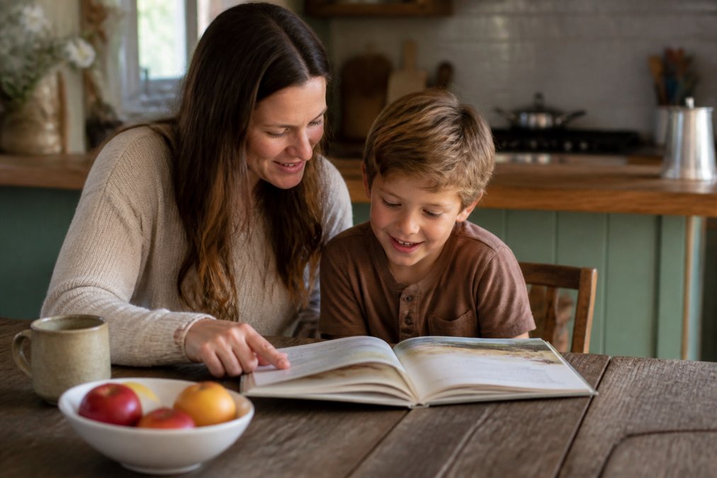Parent and child sitting together reading a storybook at a cozy kitchen table with warm natural light, child engaged and smiling