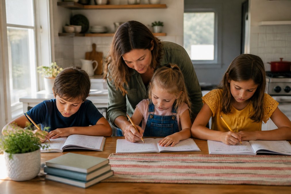 A mother sitting at a sunlit kitchen table with three children of different ages, each working on their own open workbook while the parent leans over to guide the youngest child's hand