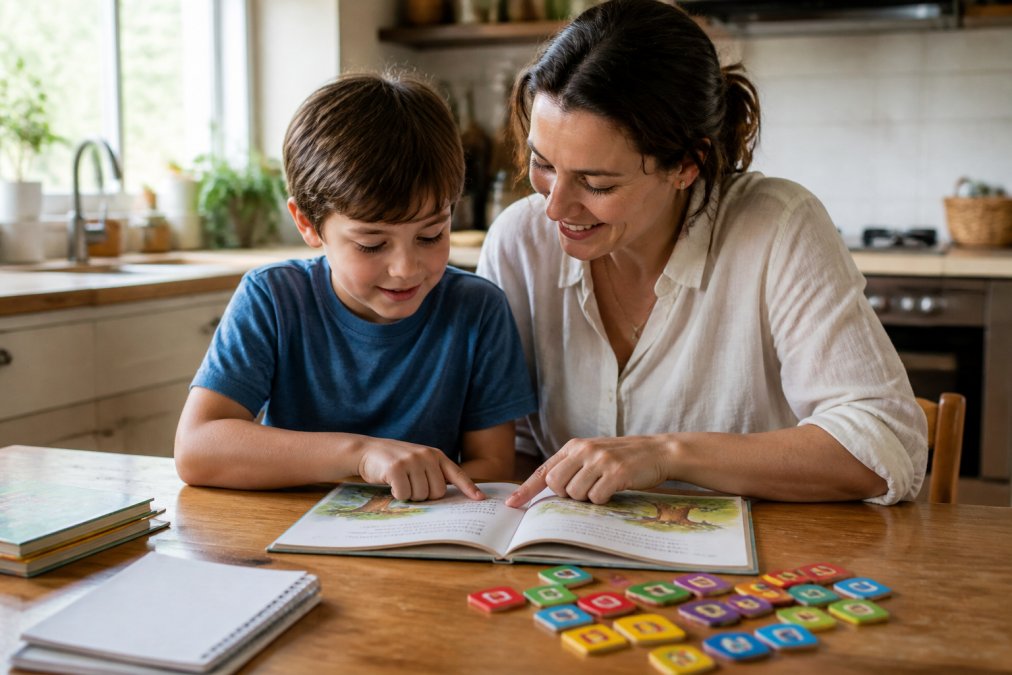 Step-by-step diagram illustrating a parent-led reading instruction framework for children at home