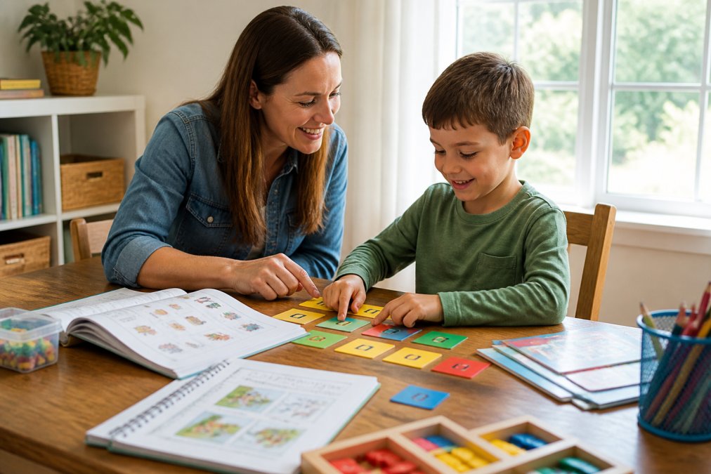 Parent and child sitting at a wooden table with colorful letter cards, activity books, and manipulatives spread out between them, both smiling and engaged during a reading lesson with natural window light