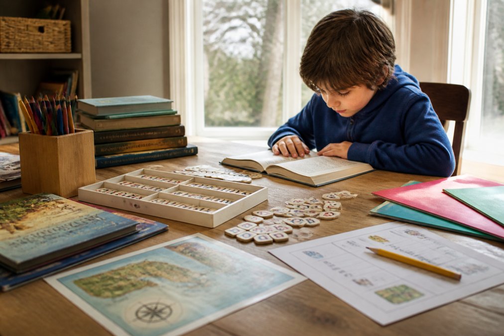 Homeschool workspace with adventure-themed books, colorful activity materials, letter tiles, and a child reading independently at a desk with warm natural light streaming through a window
