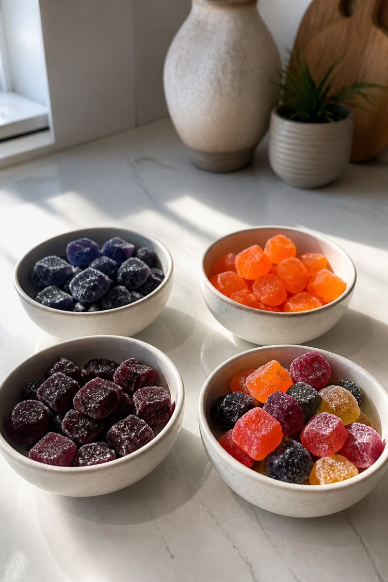 Four colorful bowls of gummies on a counter as a hometown hero alternative for natural stress relief.
