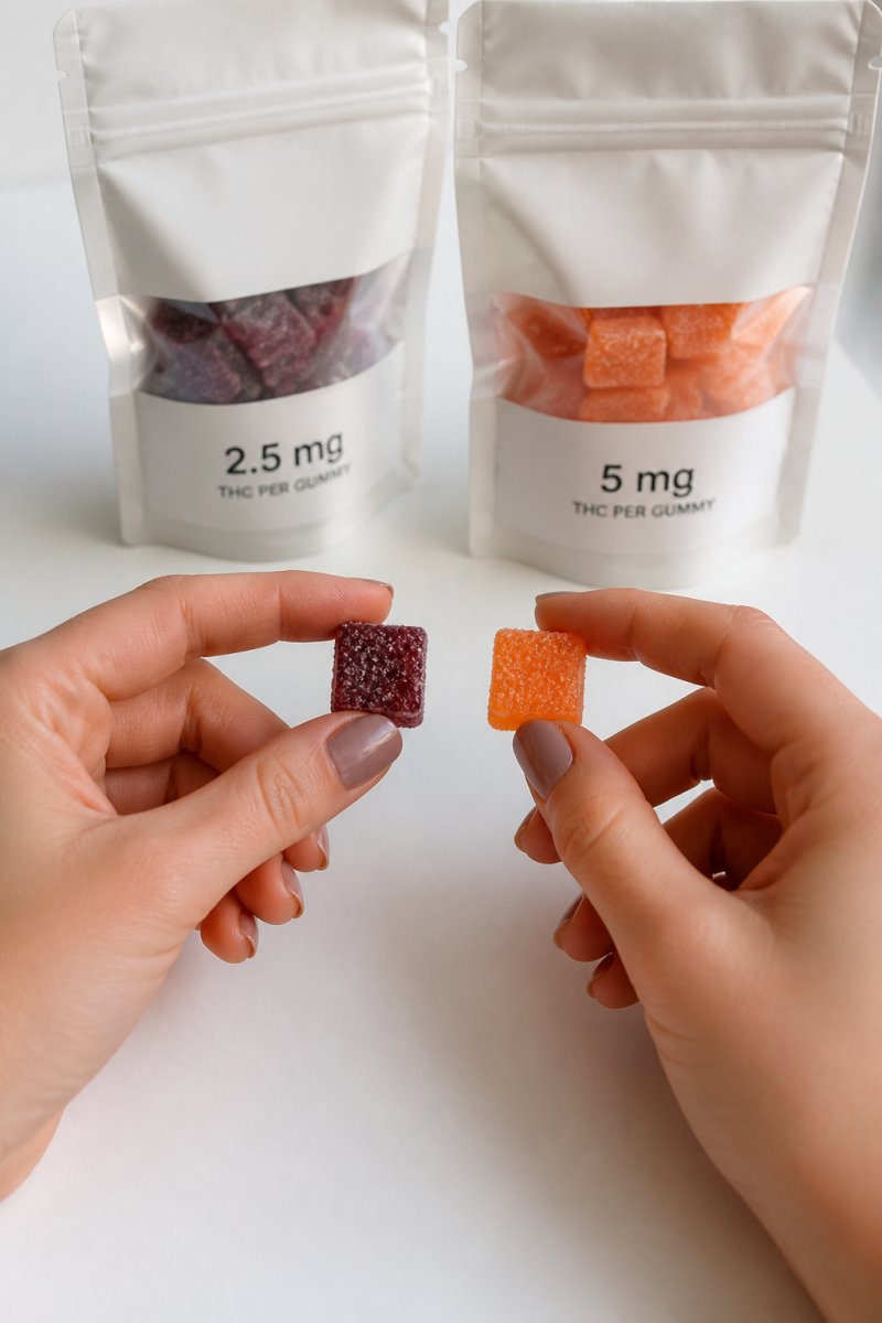 Hands holding two colorful THC gummies side by side on a clean white surface with clear dosage markings visible