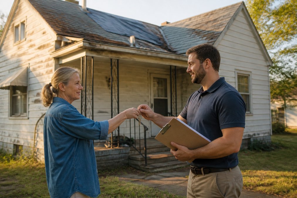 Homeowner handing keys to a cash buyer for one of many distressed properties on a porch.