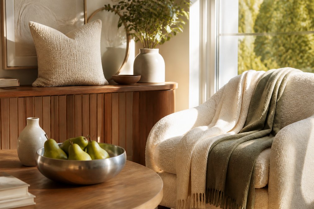 A sunlit living room with an ivory textured throw pillow on a curved wood console table, a steel fruit bowl on the coffee table, and layered organic cotton throws over a boucle armchair