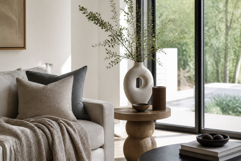 Infographic illustrating the step-by-step process for styling homeware decorations to create a layered luxury look.