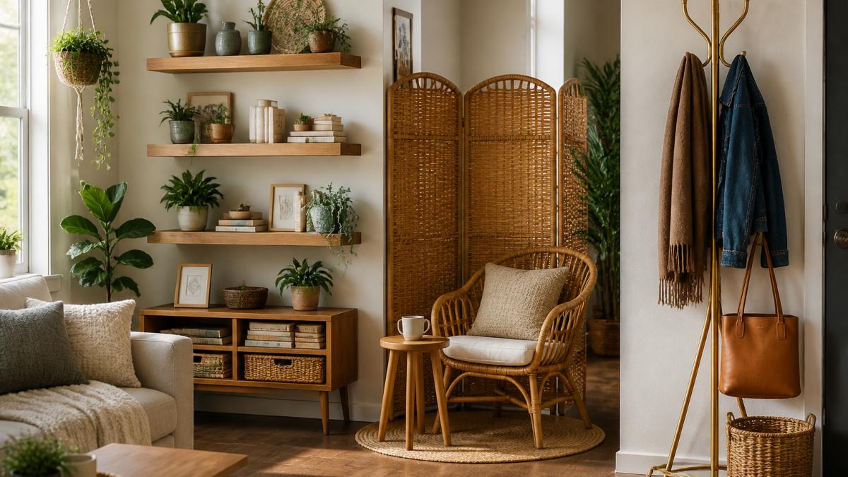 Modern living room with floating shelves, a wicker room divider, and a golden coat rack for home decor.