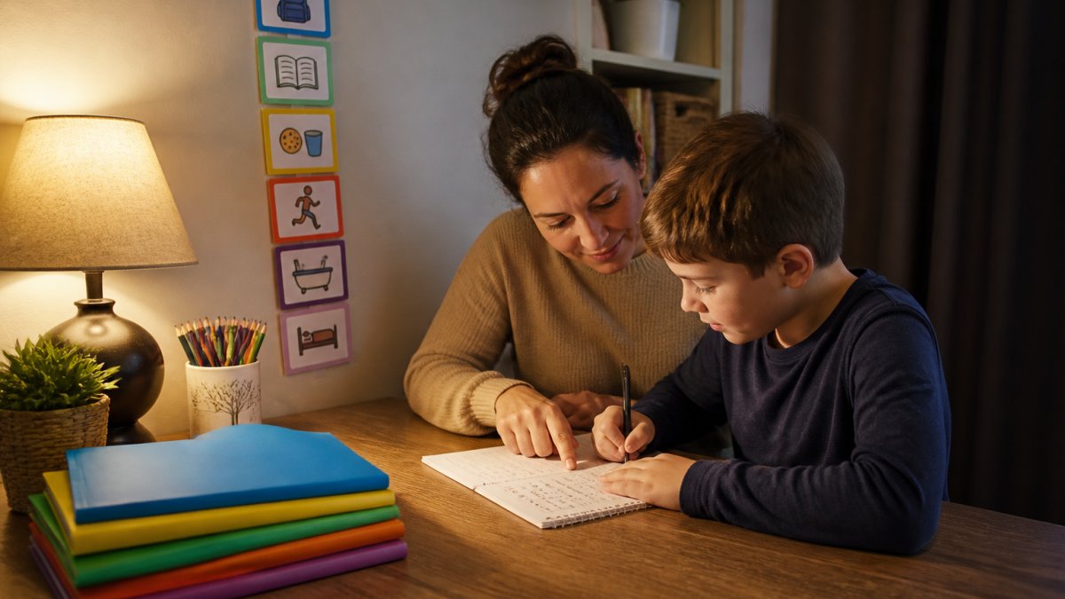 Parent and child working calmly at a tidy desk, providing homework help for kids with dyslexia in a cozy home setting.