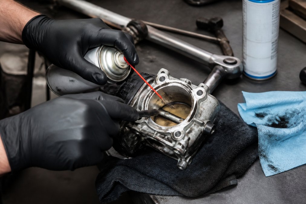 Mechanic cleaning a Honda Accord throttle body to fix a rough idle using a spray cleaner and soft brush