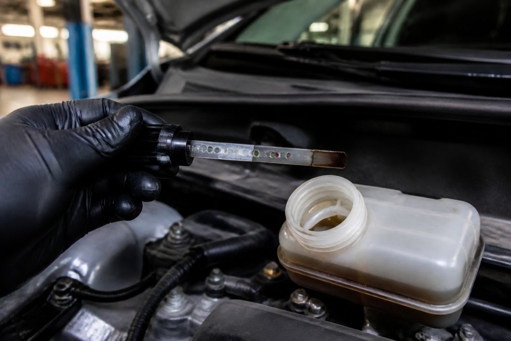 Mechanic using a tester to check dark fluid in a reservoir during a brake fluid change process