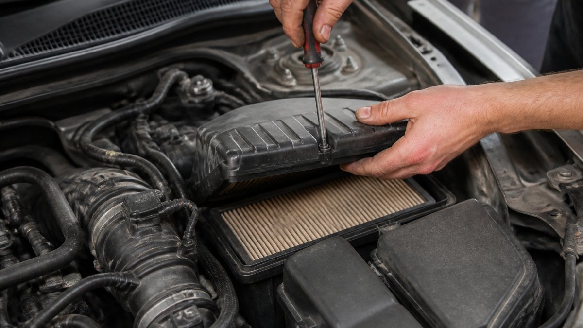 Close-up of a technician's hands using a Phillips-head screwdriver to open the air-filter housing on a 2026 Honda Civic engine bay, with the old filter element visible inside