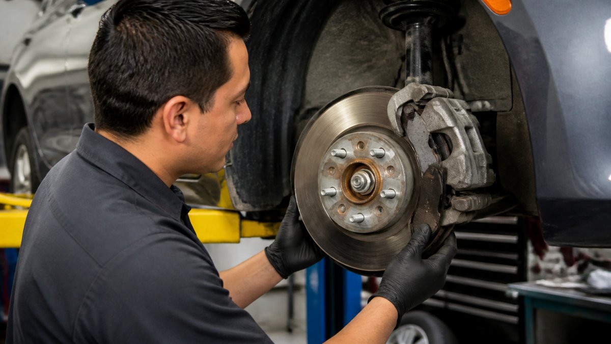 A mechanic inspecting a Honda Civic's brake rotor with the wheel removed in a clean auto repair shop, showing the caliper and brake pads clearly under bright overhead lighting