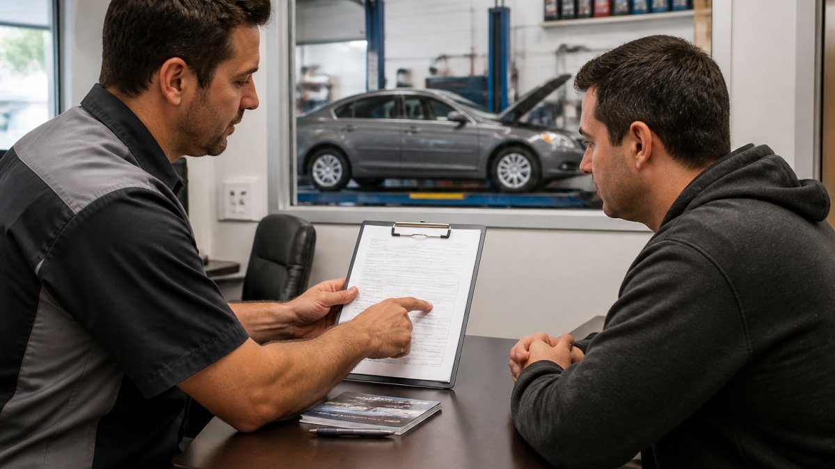 A service advisor at an independent repair shop reviewing a vehicle service contract with a Honda Civic owner, pointing at coverage details on a clipboard in a clean, well-lit shop office
