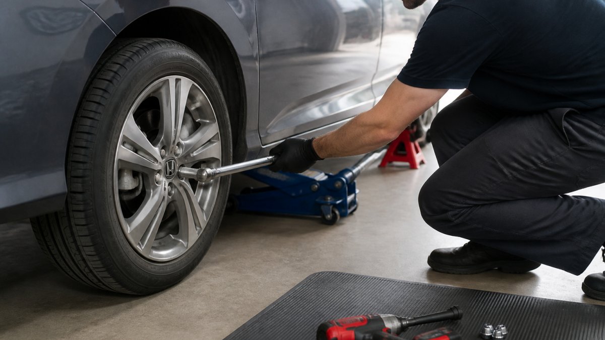 A person using a torque wrench to tighten lug nuts on a Honda Civic wheel, with a floor jack and jack stands visible in a clean garage setting