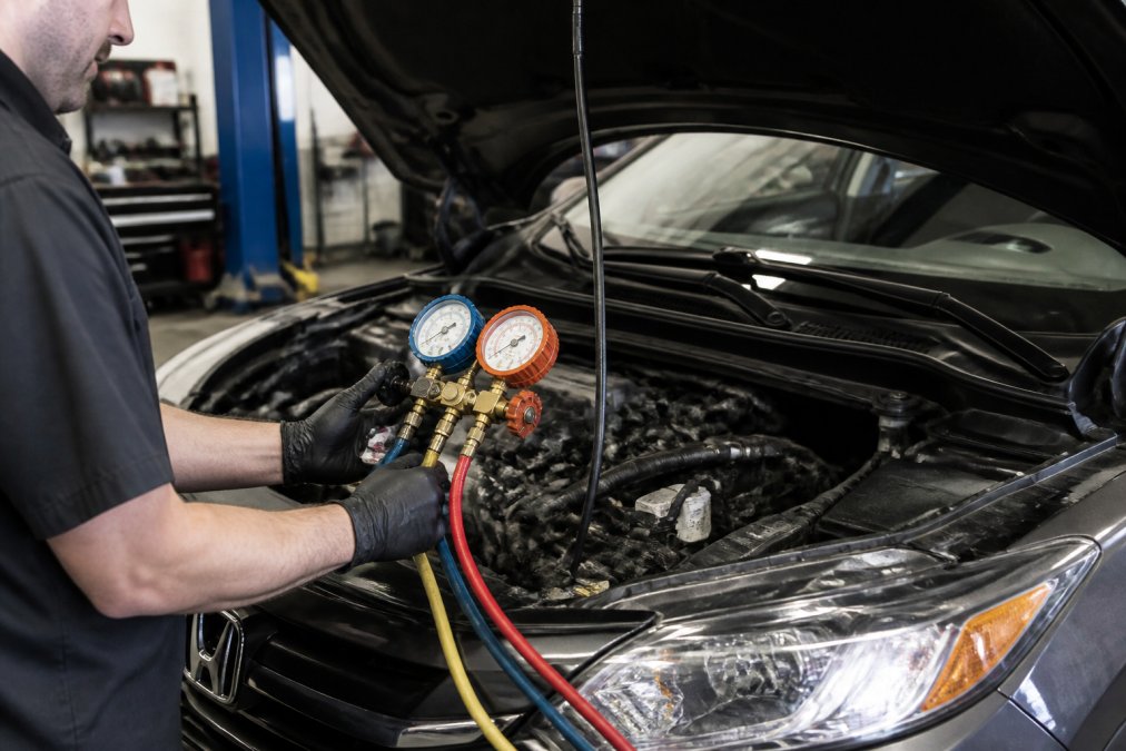 A mechanic's hands using a manifold gauge set on a Honda HR-V AC system, with the car hood open in a bright garage