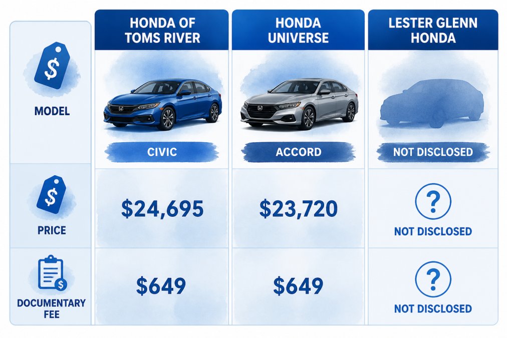 Watercolor comparison matrix showing Honda of Toms River Civic at $24,695, Honda Universe Accord at $23,720, a $649 documentary fee line, and two "not disclosed" columns for Lester Glenn Honda
