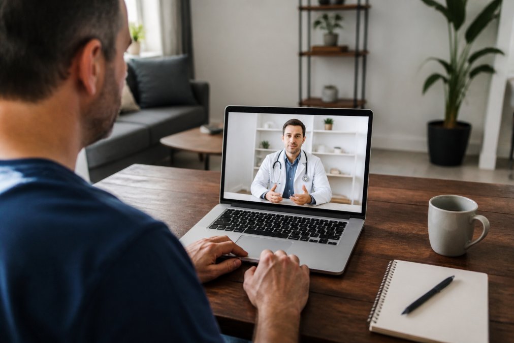 Male patient in a telehealth consultation, sitting at home with a laptop, speaking with a healthcare provider on screen in a professional but comfortable setting
