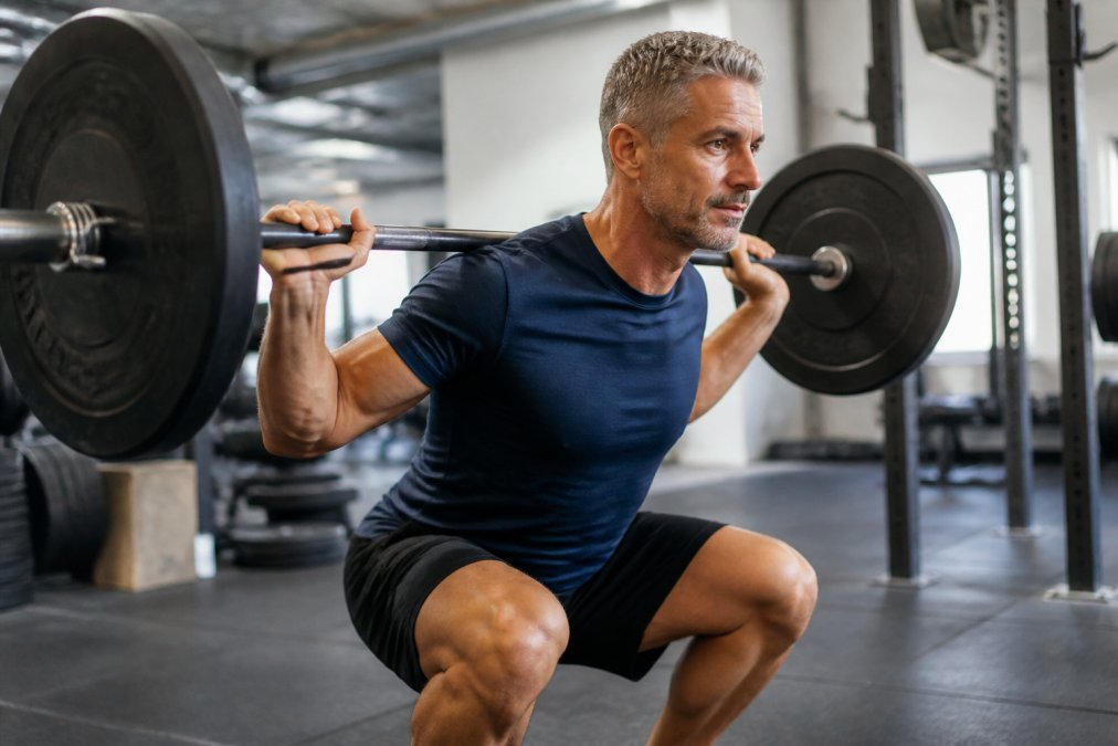 Active middle-aged man exercising in a gym, lifting weights with proper form, demonstrating strength training as part of hormone optimization