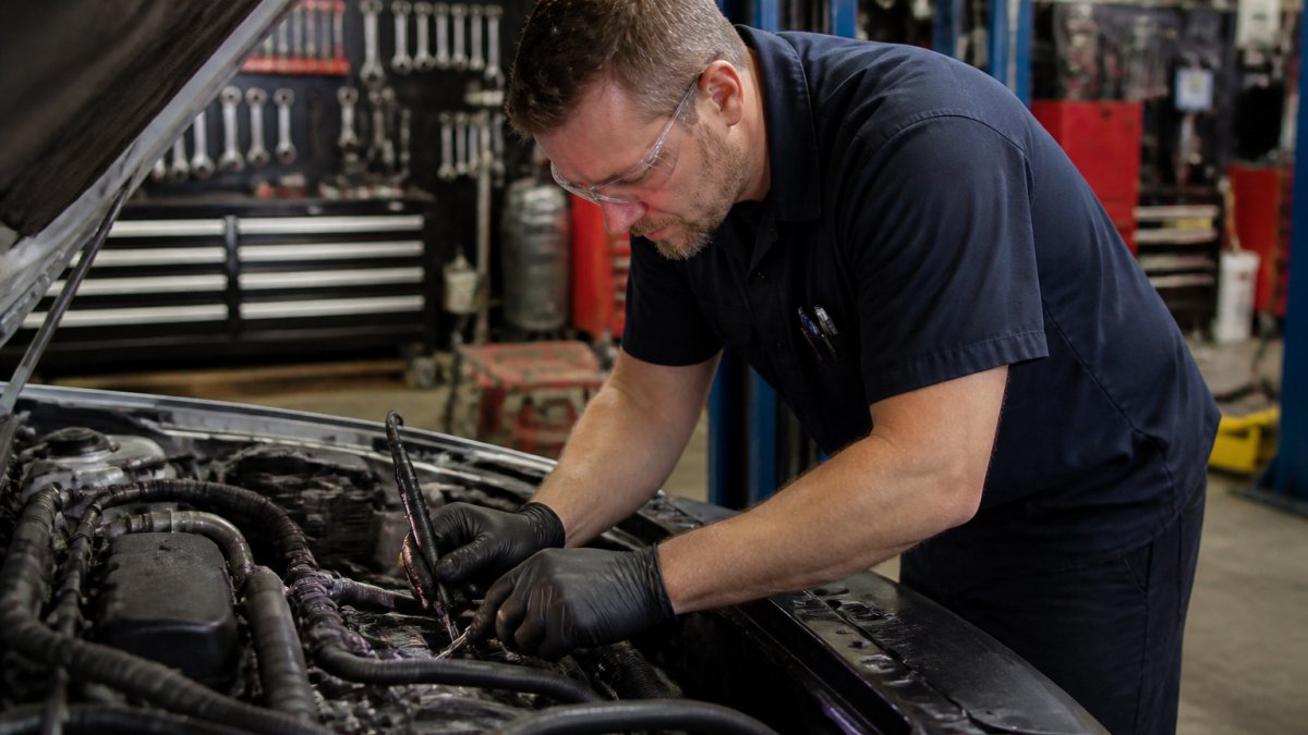 Professional ASE-certified technician in uniform performing detailed diagnostic work on a vehicle engine in a well-organized shop with diagnostic equipment and tool displays visible in the background
