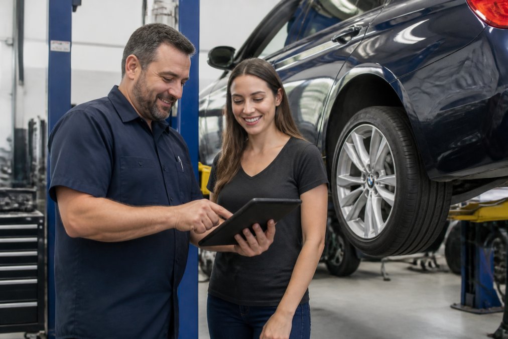 Mechanic showing a diagnostic report to a customer for honest auto repair in a transparent service process flow