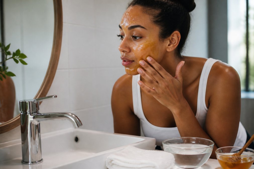 Woman applying golden honey to her face with fingertips at a bathroom sink, with a clean white washcloth and bowl of warm water nearby, soft natural morning light