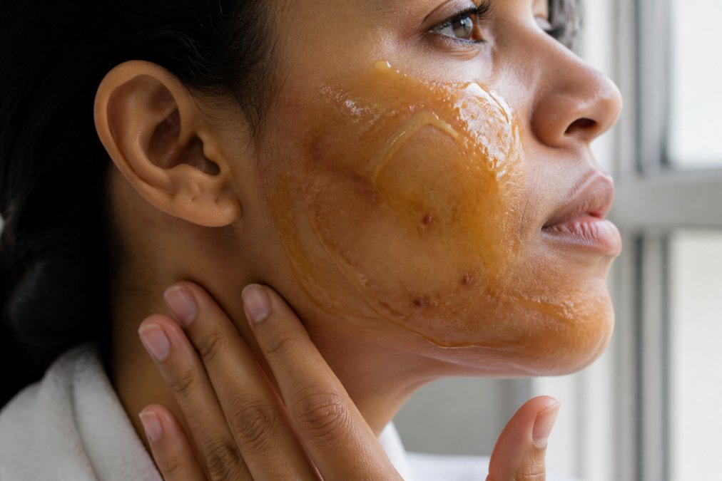 Close-up of a woman's face with a golden-amber honey mask applied to her cheek and jawline, showing the natural texture against her skin in soft natural window lighting