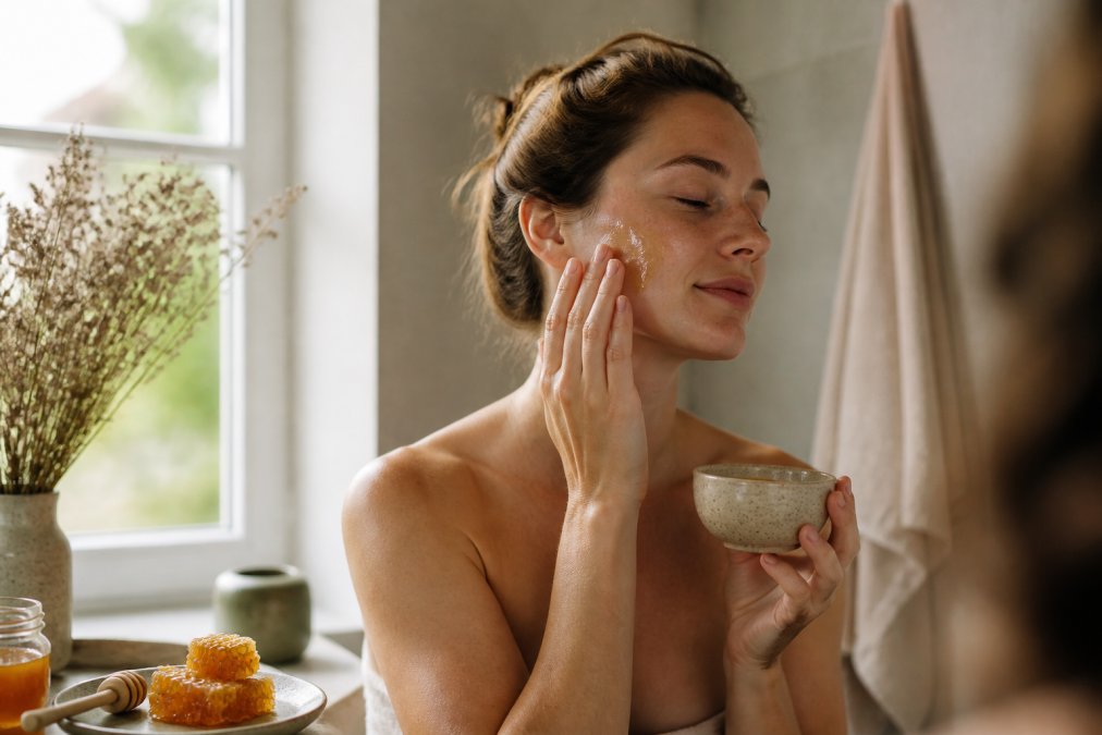 Woman with sensitive skin gently applying honey-based product to her face with calm expression, natural soft lighting from window, serene spa-like setting