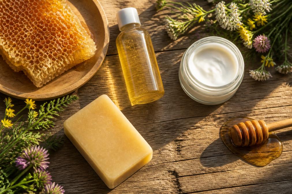 Flat lay of honey-based skincare products including toner, soap, and moisturizer arranged on wooden surface with fresh honeycomb and wildflowers, warm natural sunlight streaming across scene