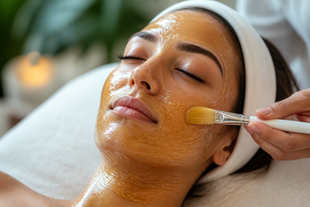 Close-up of a woman's face receiving a honey mask application, showing radiant skin texture with golden honey being applied with a brush in soft natural lighting