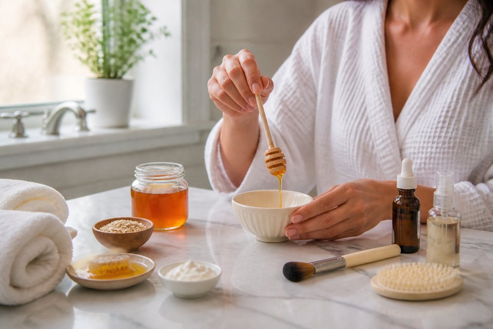 Hands preparing a natural honey face mask in a bright bathroom, with honey jar, mixing bowl, brush, and skincare products arranged on a marble counter with soft window lighting