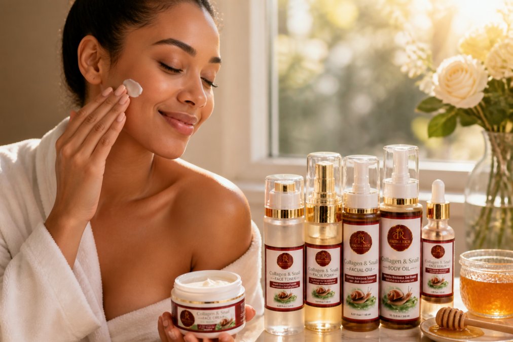 Woman with calm, hydrated skin applying a gentle organic face cream to her cheek, with natural skincare bottles and honey-infused products arranged on a soft white surface nearby, natural morning light streaming across the scene
