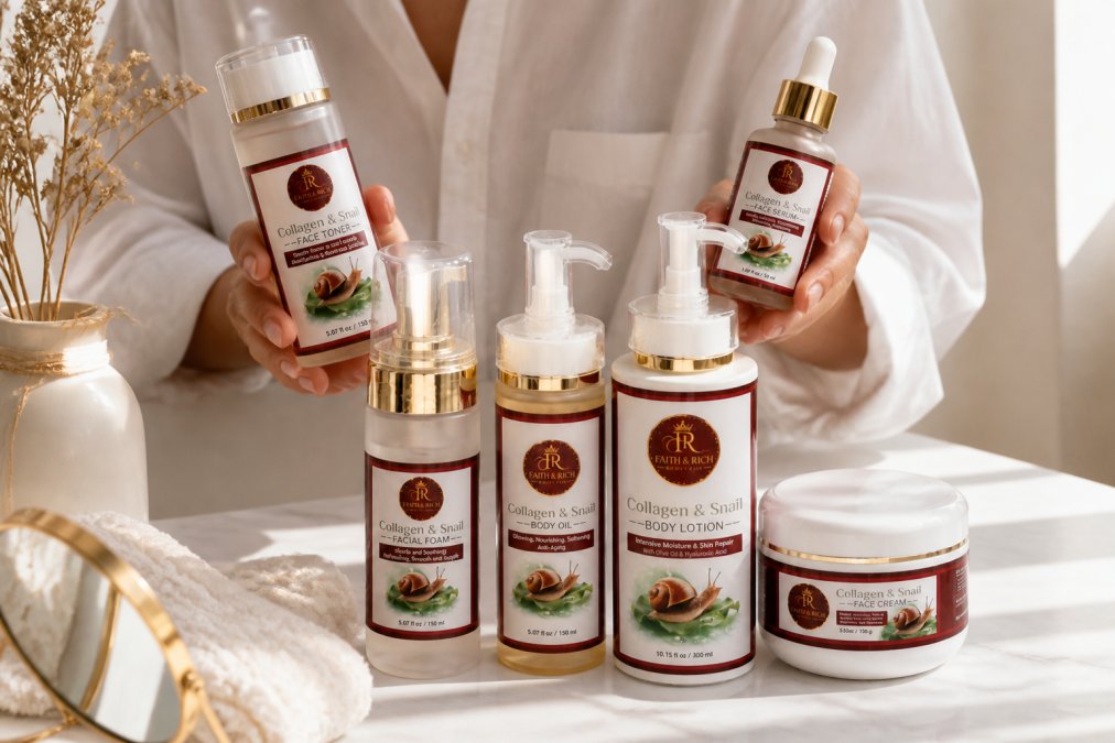Woman's hands holding FAITH & RICH skincare products, toner, serum, and moisturizer, arranged on a clean white surface with natural morning light, demonstrating a complete sensitive skin routine setup