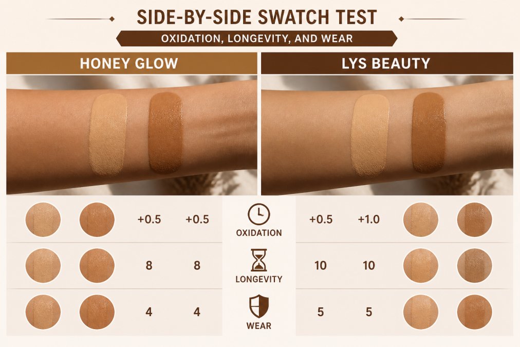 Swatch comparison of honey glow vs lys foundations showing texture and oxidation on skin under natural light