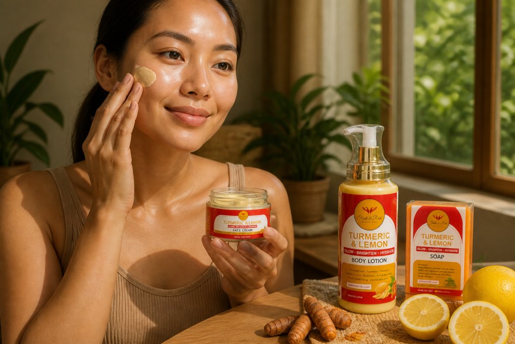 Woman with clear, glowing skin applying natural skincare product to her face in natural daylight, showing product texture and skin radiance