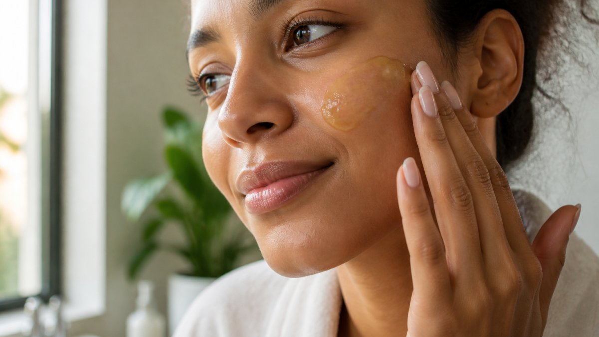 Close-up of a woman's hand applying honey-based cream to her cheek, showing the rich, smooth texture of the product absorbing into skin with natural morning light