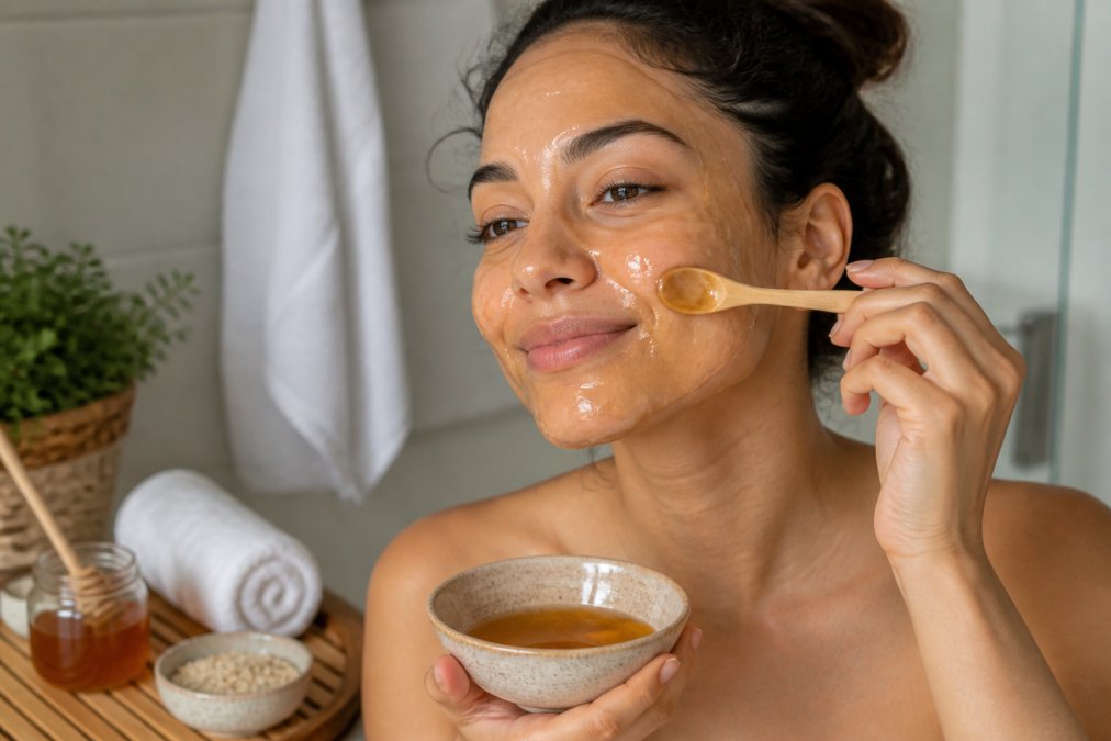 A woman with a relaxed expression applying a golden honey face mask with a wooden spoon in a bright bathroom, soft natural light