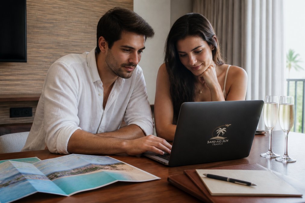 A couple reviewing a honeymoon room upgrade email draft on a laptop with champagne nearby