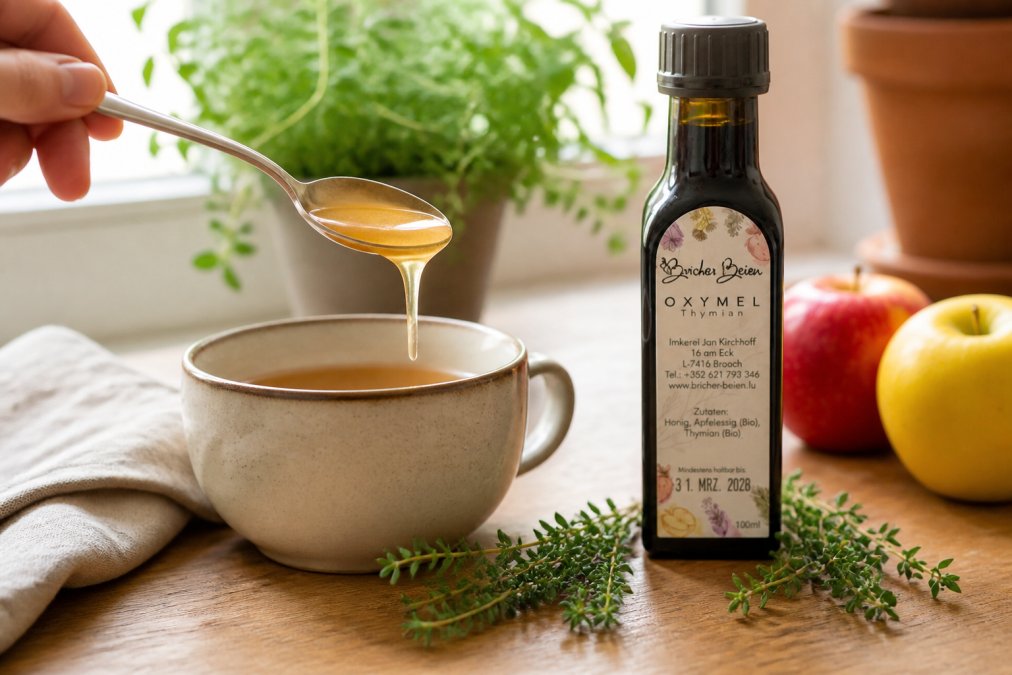 Nahaufnahme eines Teelöffels mit cremigem, naturbelassenem Honig, bereit zur Anwendung, mit unscharfem Hintergrund von Tasse und Kräutern