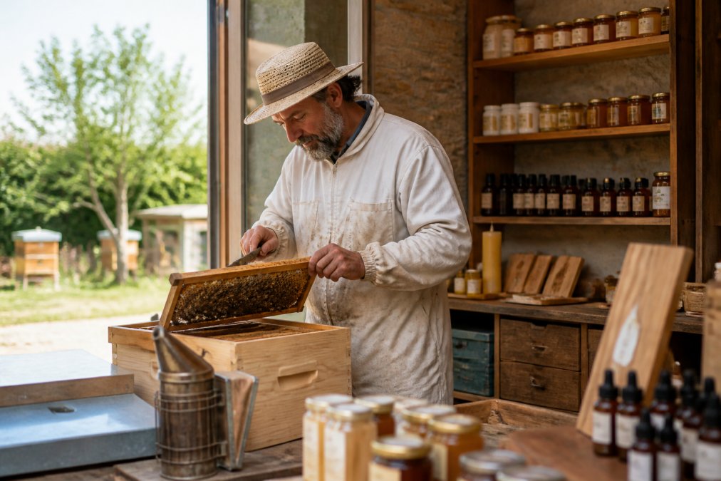 Imker arbeitet an Bienenkörben in einem Hofladen, zeigt die handwerkliche Arbeit bei der Honigernte in einer luxemburgischen Imkerei mit natürlichem Licht