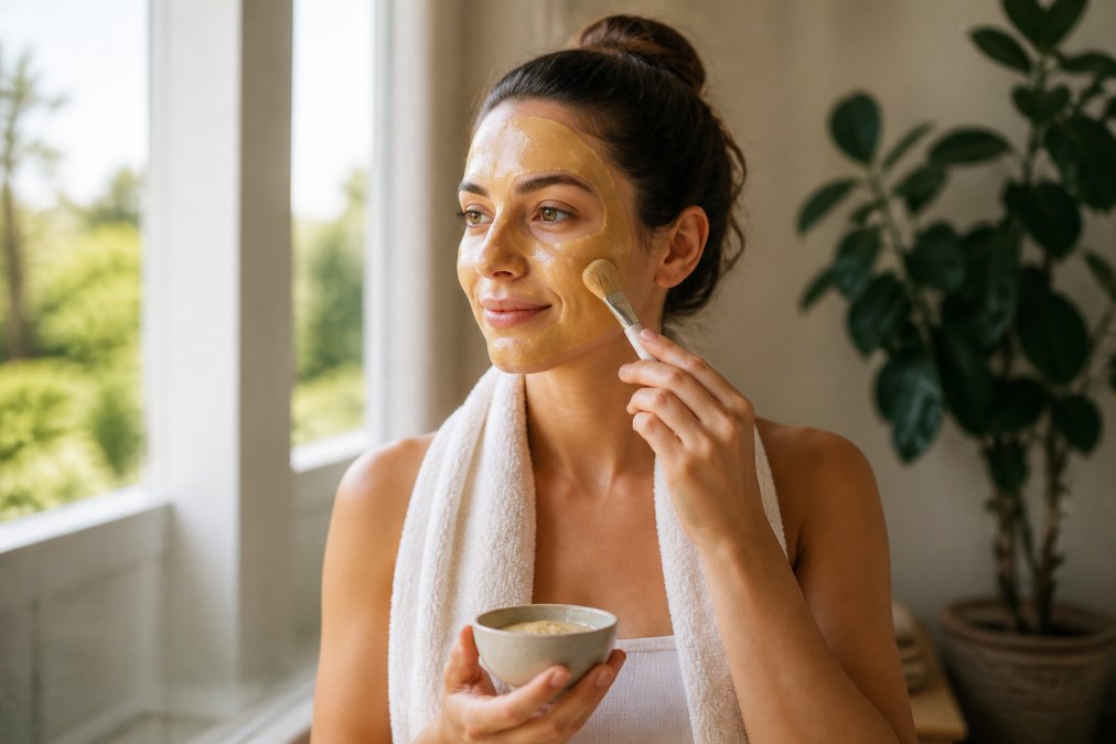 Frau trägt cremige Honig-Maske gleichmäßig auf ihr Gesicht auf, natürliches Tageslicht fällt durch ein Fenster, entspannte Spa-Atmosphäre mit Handtuch um die Schultern