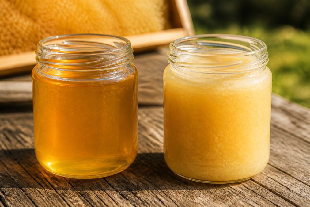 Zwei Honiggläser nebeneinander auf einem Holztisch, eines mit klarem, goldenem Flüssighonig, das andere mit cremig-kristallisiertem Honig, unter natürlichem Licht, das die unterschiedlichen Texturen deutlich macht