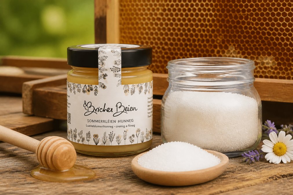 Nahaufnahme von zwei verschiedenen Honigsorten in Gläsern - ein cremiger, naturbelassener Honig neben kristallisiertem Zucker, mit Bienenwabe im Hintergrund
