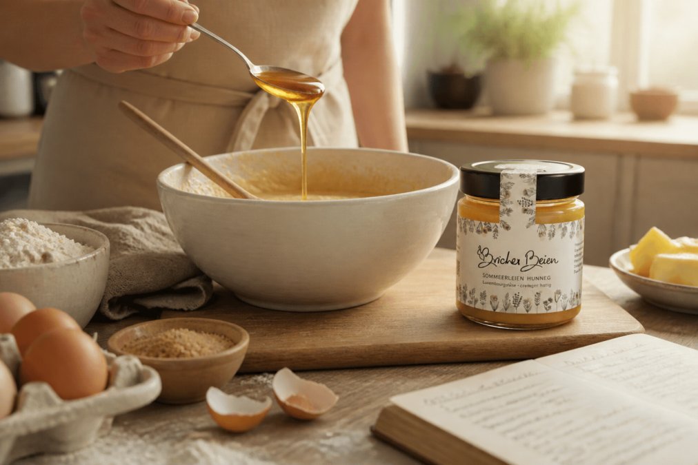 Handwerkliche Küchenszenerie: Ein Löffel mit flüssigem Honig über einer Schüssel mit Teig, umgeben von Backzutaten und Rezeptnotizen