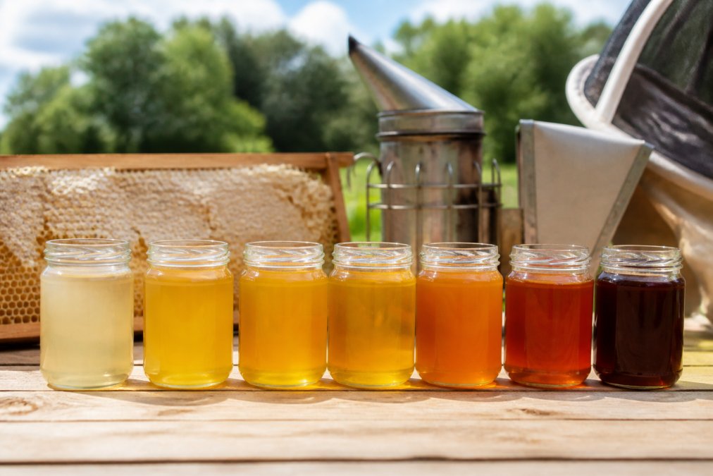 Verschiedene Honiggläser mit unterschiedlichen Honigfarben von hellgold bis dunkelbraun nebeneinander auf einem hellen Holztisch, mit Bienenwabe und Imkerwerkzeugen im Hintergrund