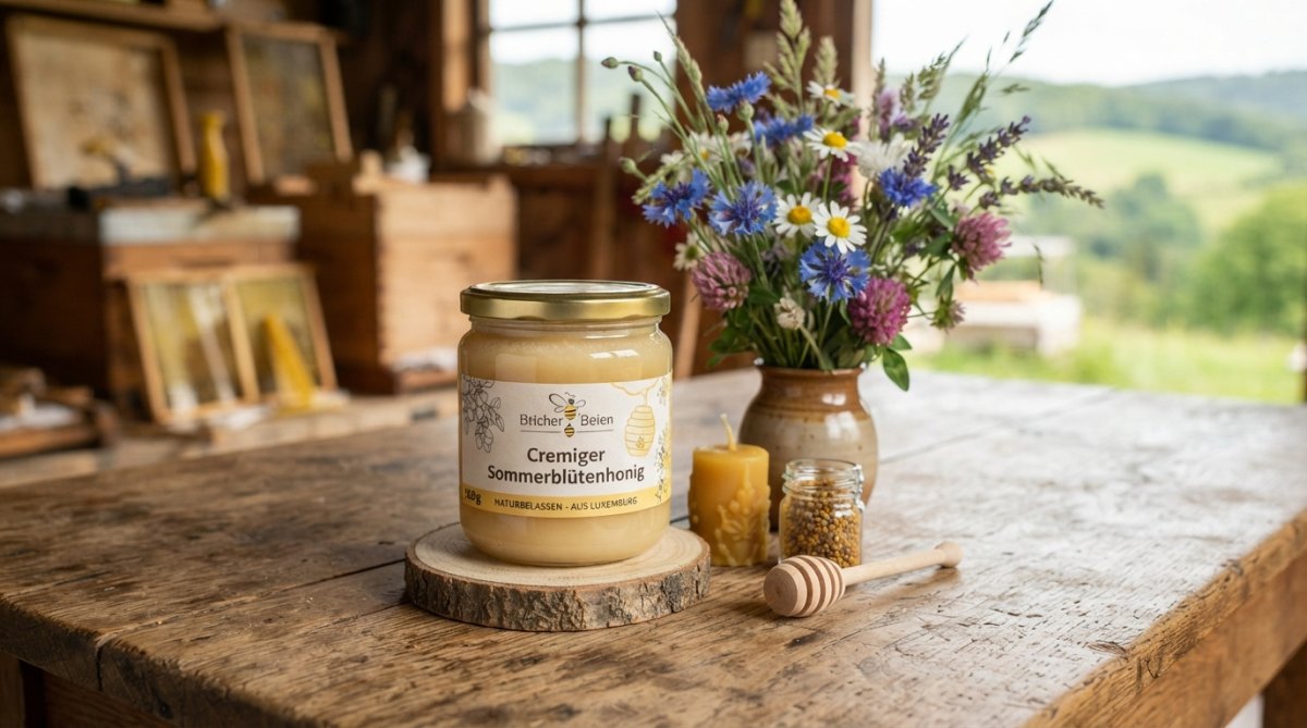 Ein offenes Glas cremiger goldener Honig mit Holzlöffel auf einer rustikalen Holzoberfläche, umgeben von frischen Blüten und Wildblumen aus einer luxemburgischen Wiese