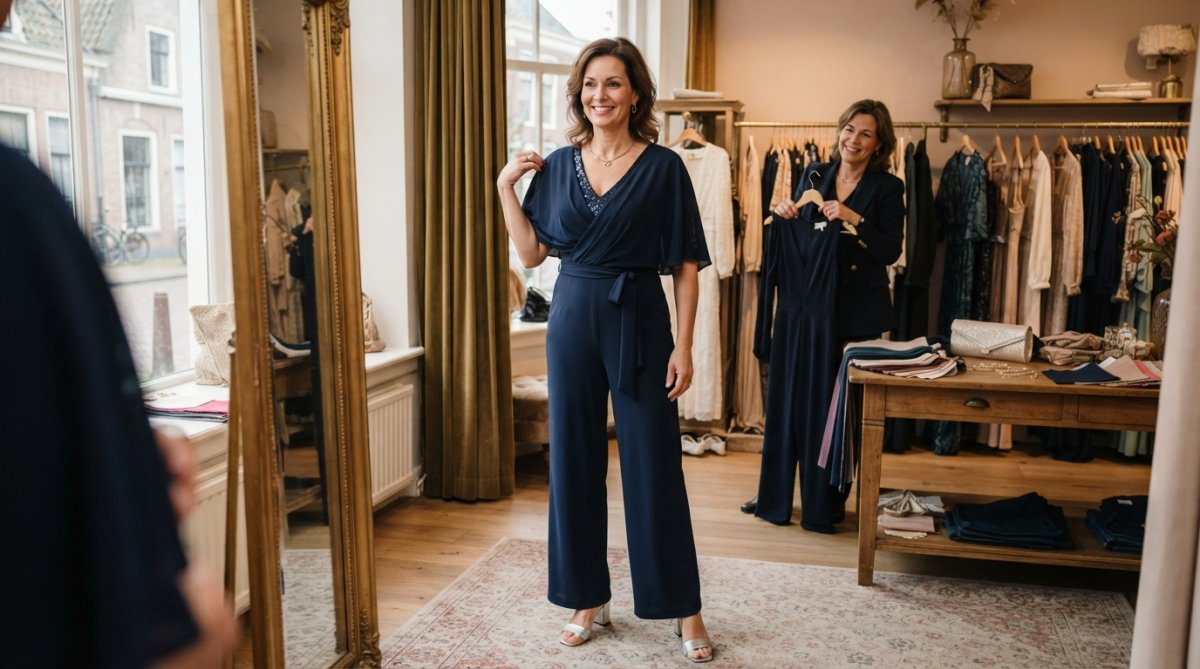 Vrouw in elegant zwarte jumpsuit op feestelijke gelegenheid, staand in zelfverzekerde pose met sieraden en heels
