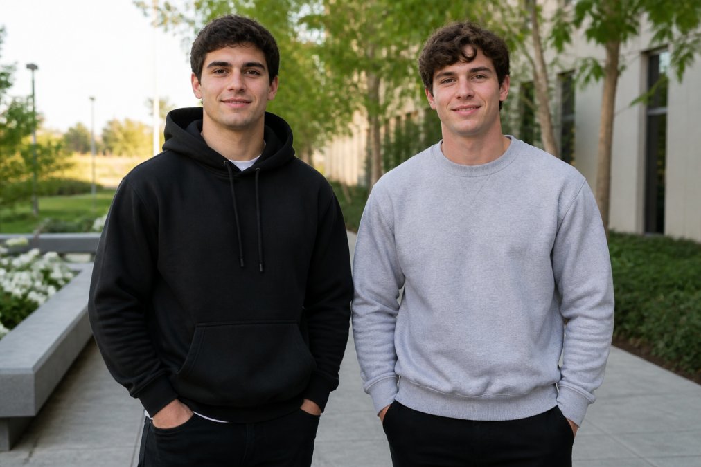 Two people standing side by side in natural daylight, one wearing a black hooded pullover with a kangaroo pocket and the other wearing a plain heather gray crewneck sweatshirt, both in relaxed casual clothing, outdoor setting with soft afternoon light