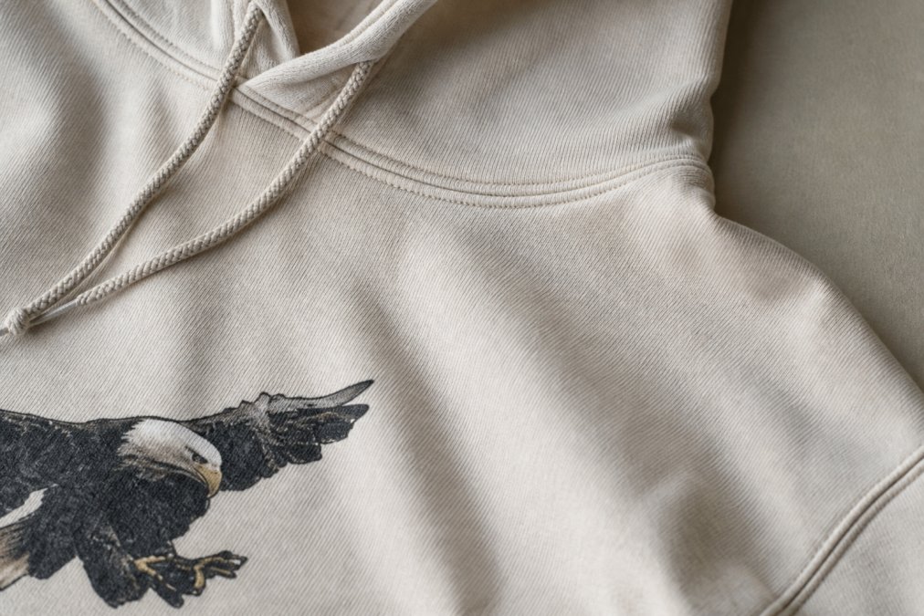 Close-up detail of hoodie fabric texture showing double-lined hood stitching and drop shoulder seam construction with natural lighting highlighting the fabric weave