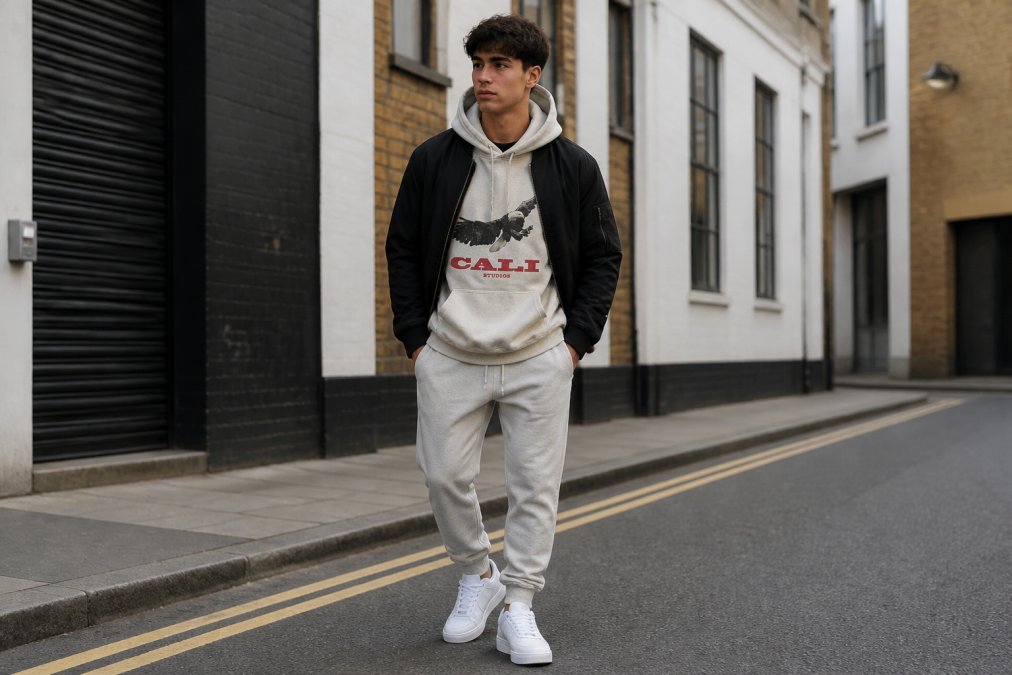 Young man wearing an oversized hoodie in sand colour layered under a fitted jacket, styled with tapered joggers and clean white trainers, standing in an urban street setting with natural daylight