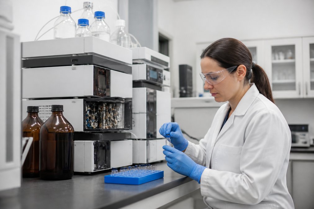 Professionele laboratoriumomgeving met HPLC-apparatuur en een onderzoeker die kwaliteitscontrole uitvoert op peptide-batches in modern onderzoekslaboratorium